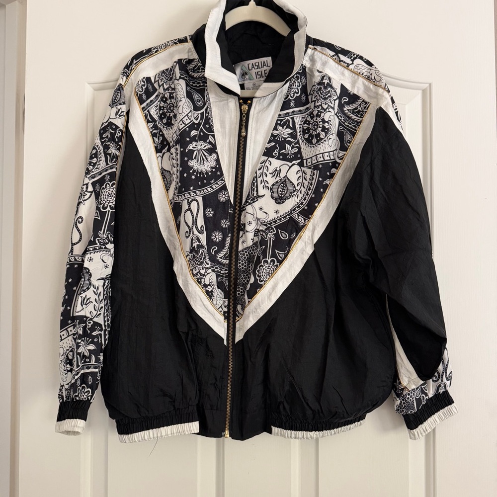 Vintage Black White Print Lightweight Retro Windbreaker Statement Jacket Size M